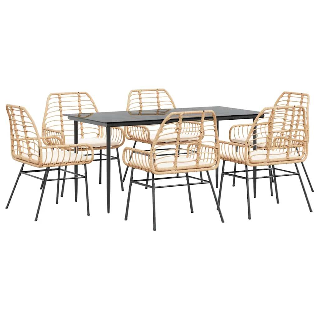 7 Piece Garden Dining Set with Cushions Brown Poly Rattan Glass