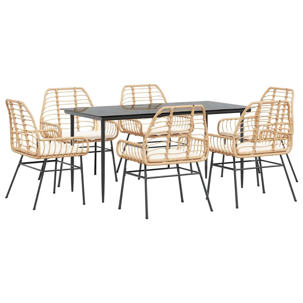 7 Piece Garden Dining Set with Cushions Brown Poly Rattan Glass