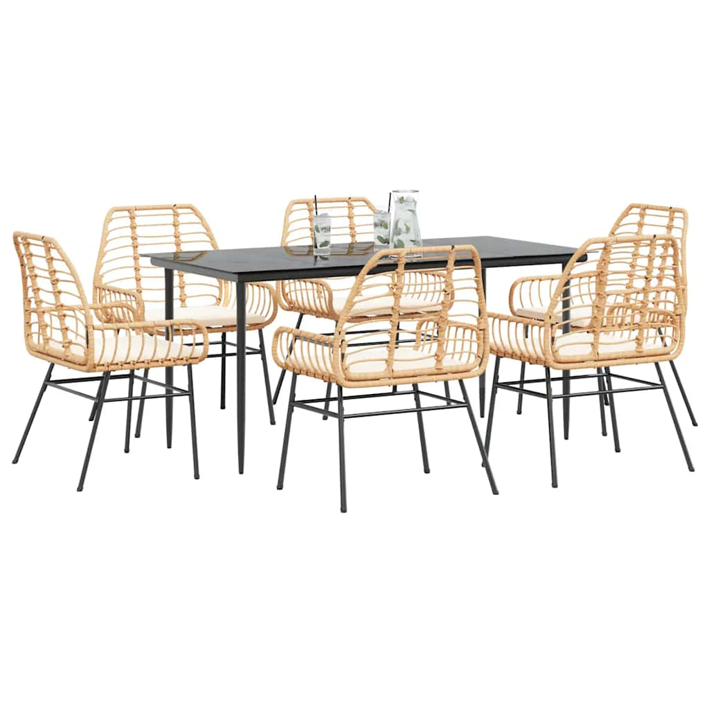 7 Piece Garden Dining Set with Cushions Brown Poly Rattan Glass