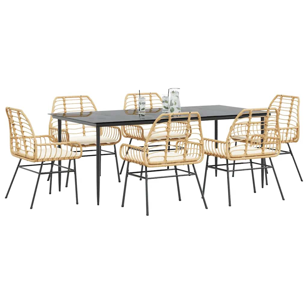 7 Piece Garden Dining Set with Cushions Brown Poly Rattan Glass