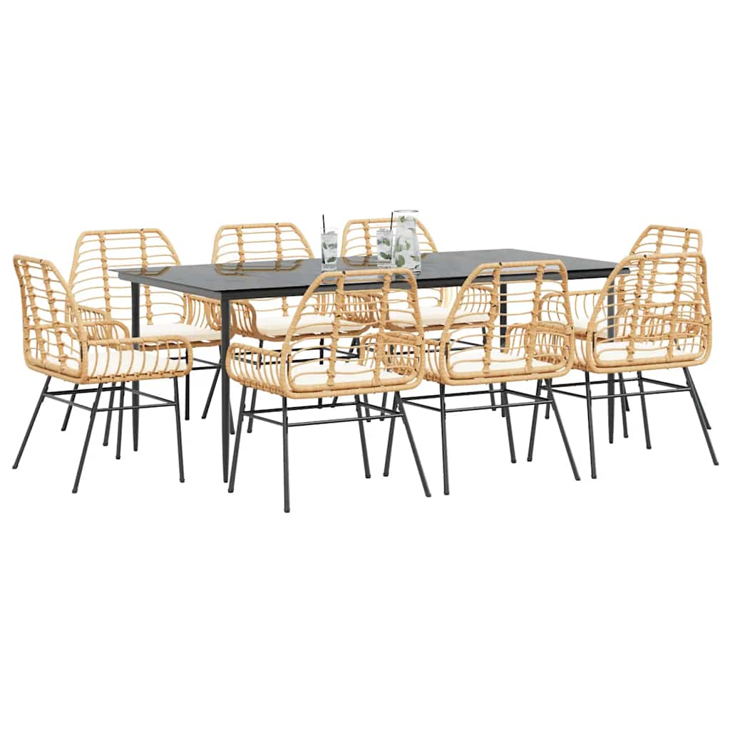 9 Piece Garden Dining Set with Cushions Brown Poly Rattan Glass