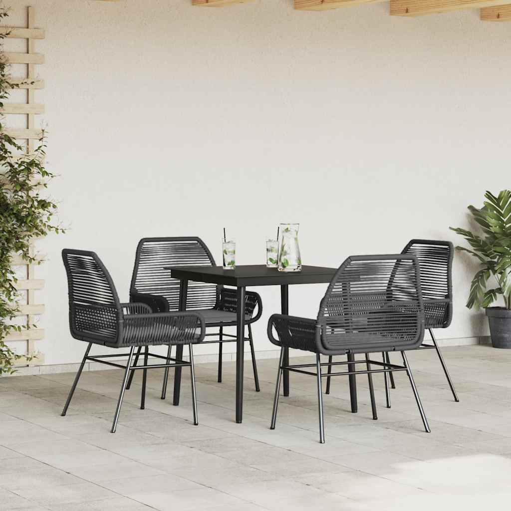 5 Piece Garden Dining Set with Cushions Black Poly Rattan Glass