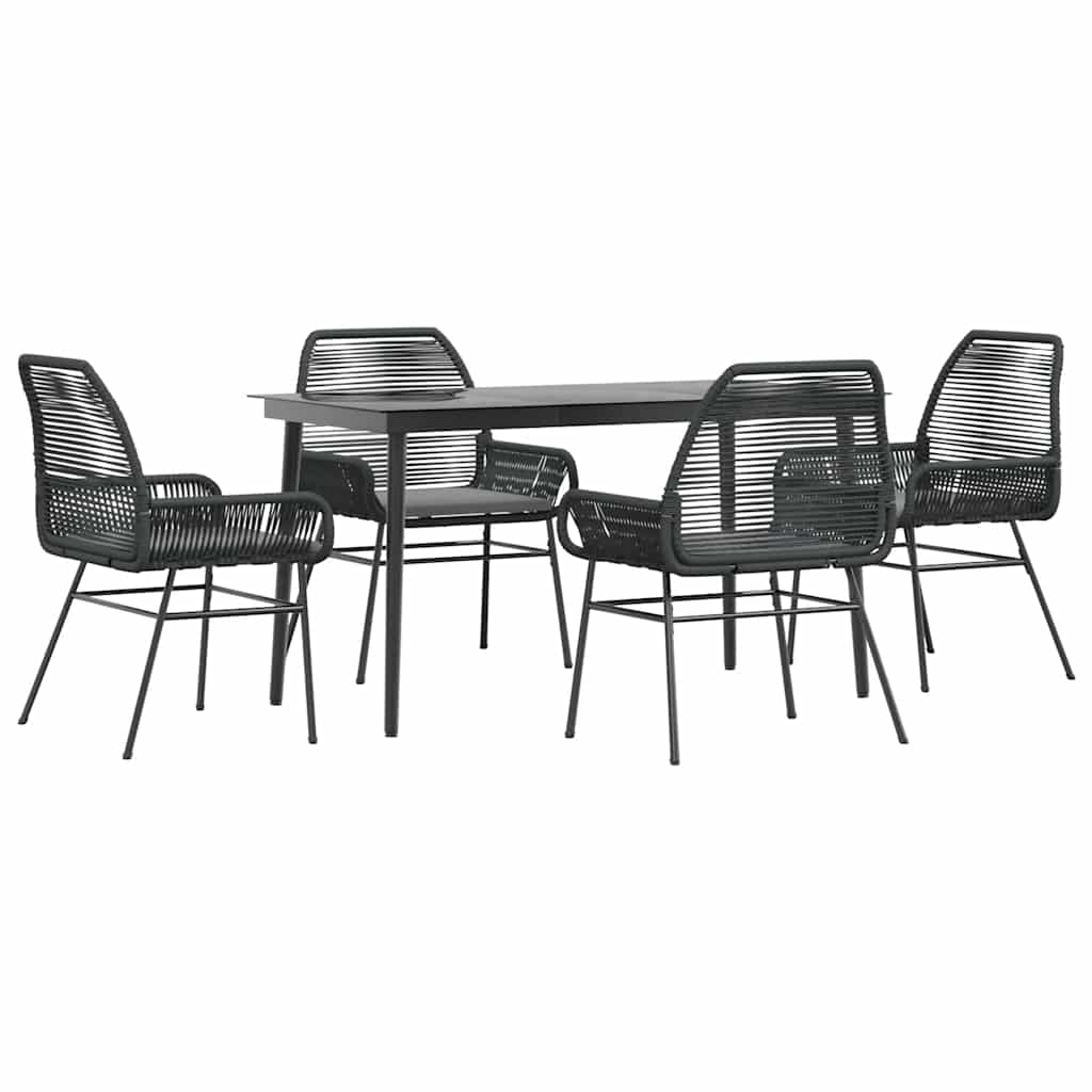 5 Piece Garden Dining Set with Cushions Black Poly Rattan Glass