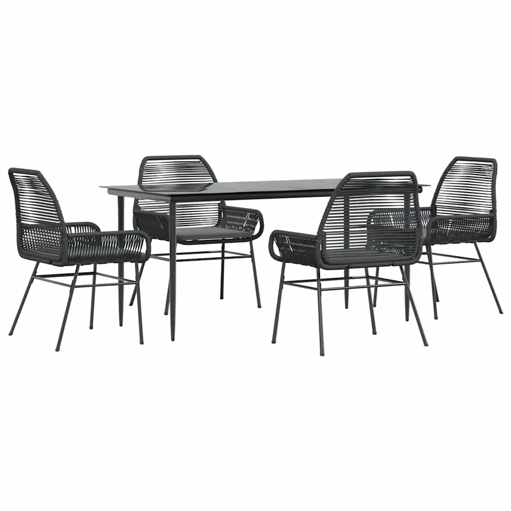 5 Piece Garden Dining Set with Cushions Black Poly Rattan Glass