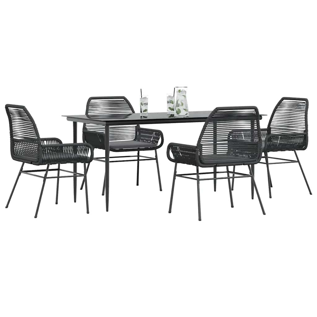 5 Piece Garden Dining Set with Cushions Black Poly Rattan Glass