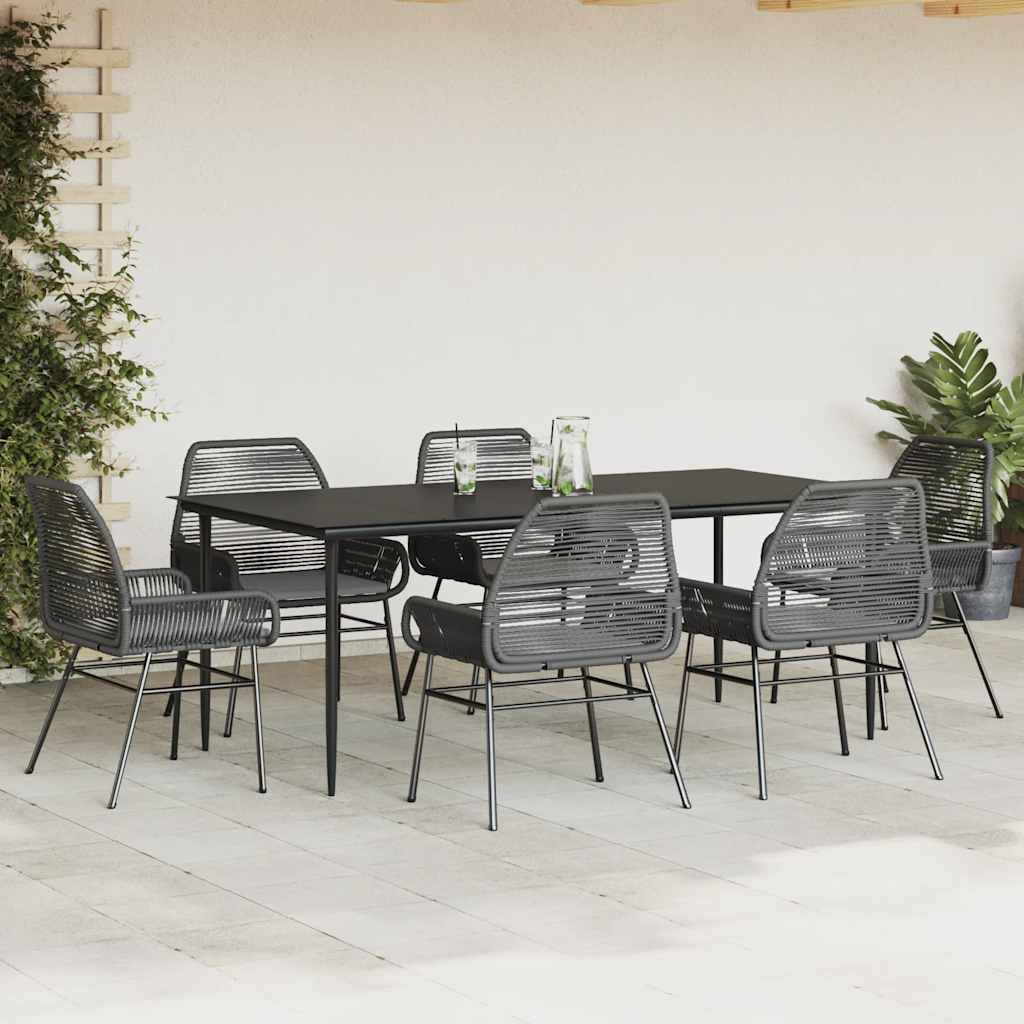 7 Piece Garden Dining Set with Cushions Black Poly Rattan Glass