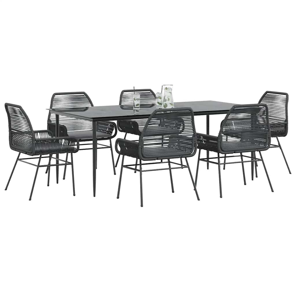 7 Piece Garden Dining Set with Cushions Black Poly Rattan Glass