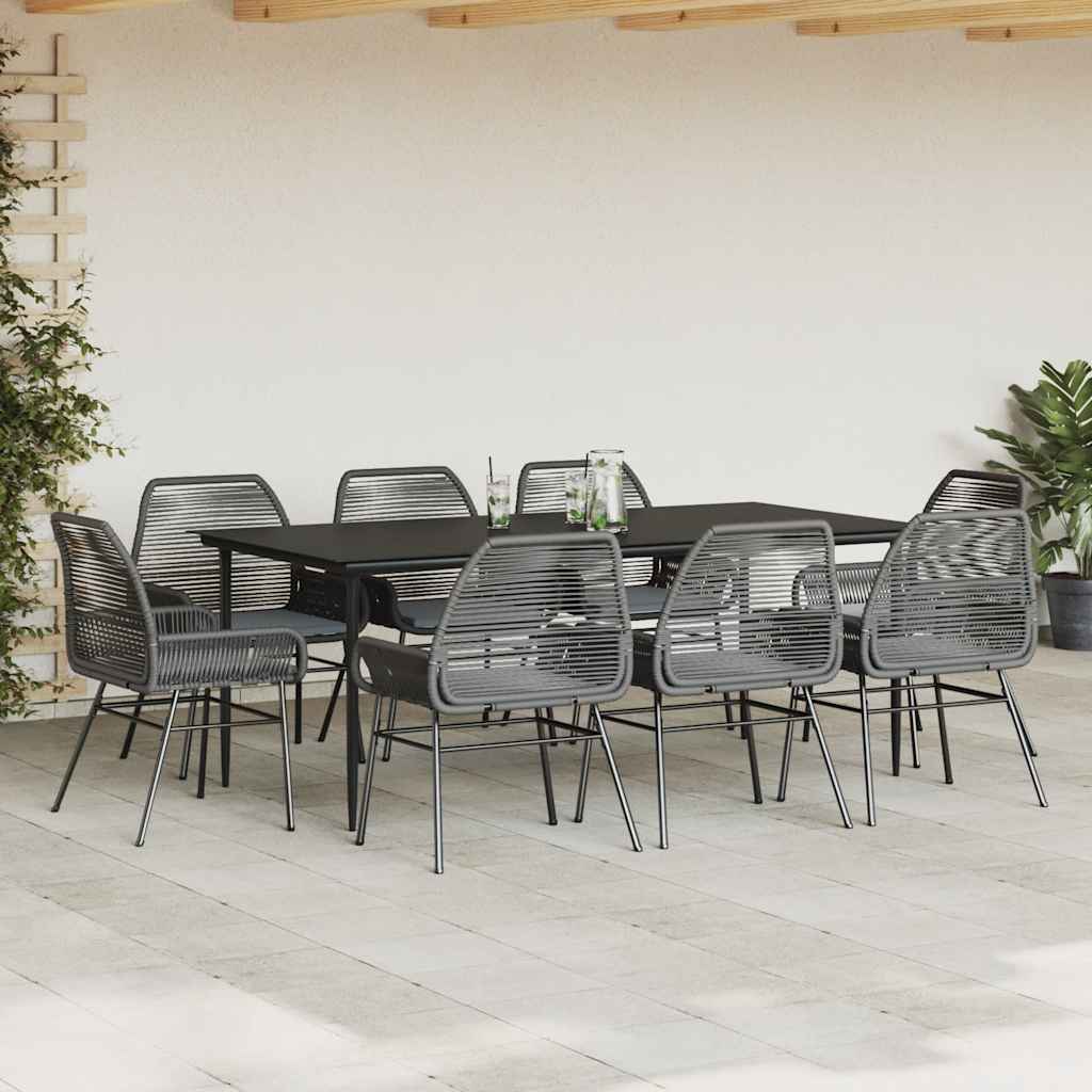 9 Piece Garden Dining Set with Cushions Black Poly Rattan Glass