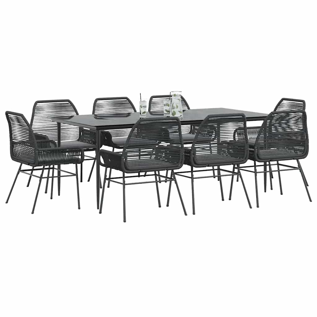 9 Piece Garden Dining Set with Cushions Black Poly Rattan Glass