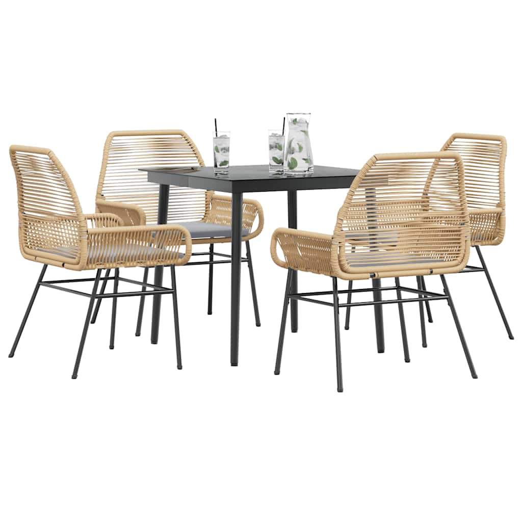 5 Piece Garden Dining Set with Cushions Brown Poly Rattan Glass