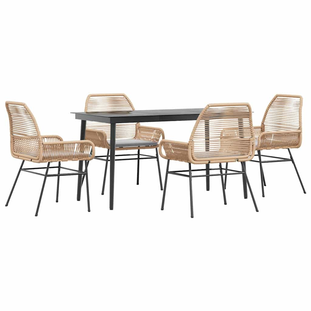 5 Piece Garden Dining Set with Cushions Brown Poly Rattan Glass