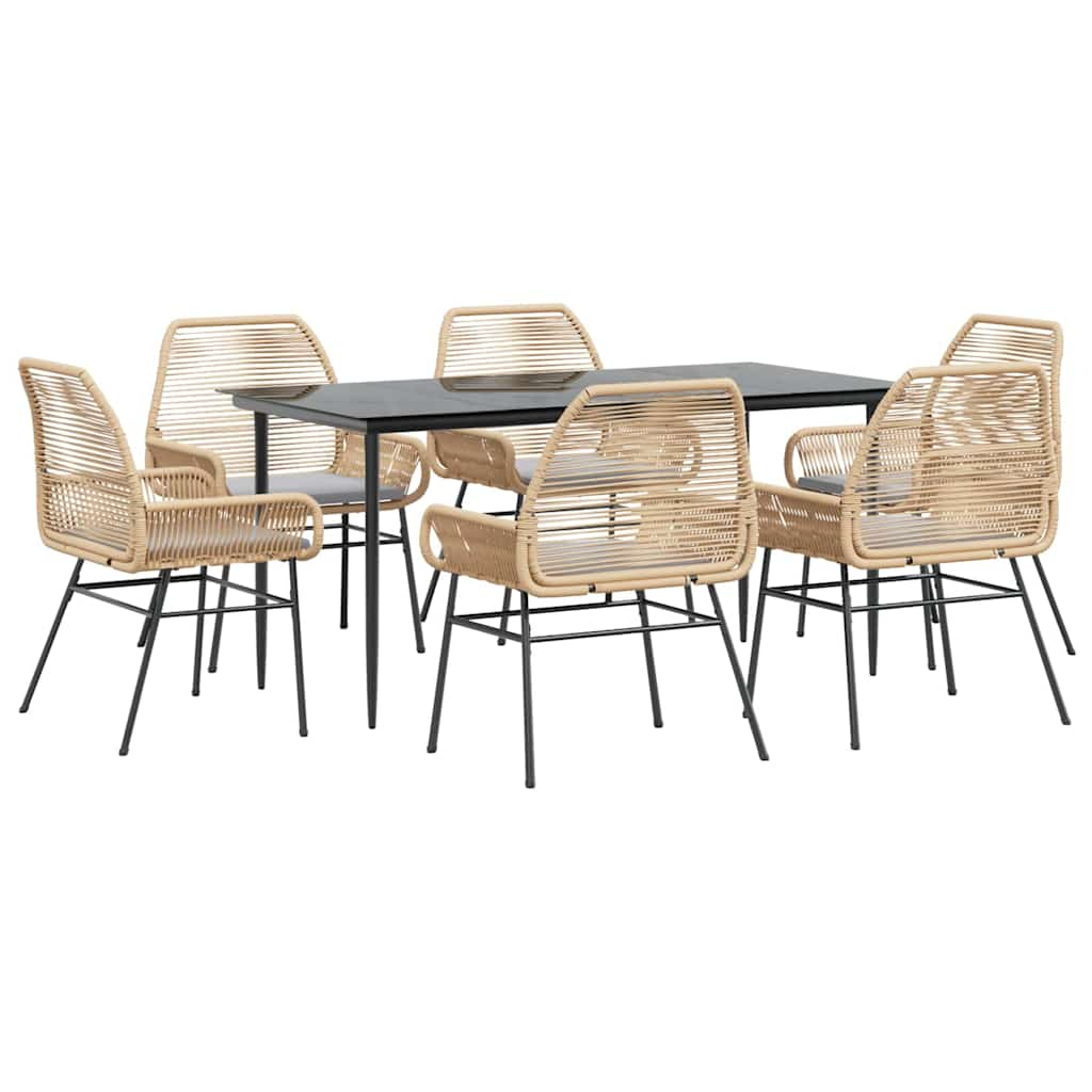 7 Piece Garden Dining Set with Cushions Brown Poly Rattan Glass