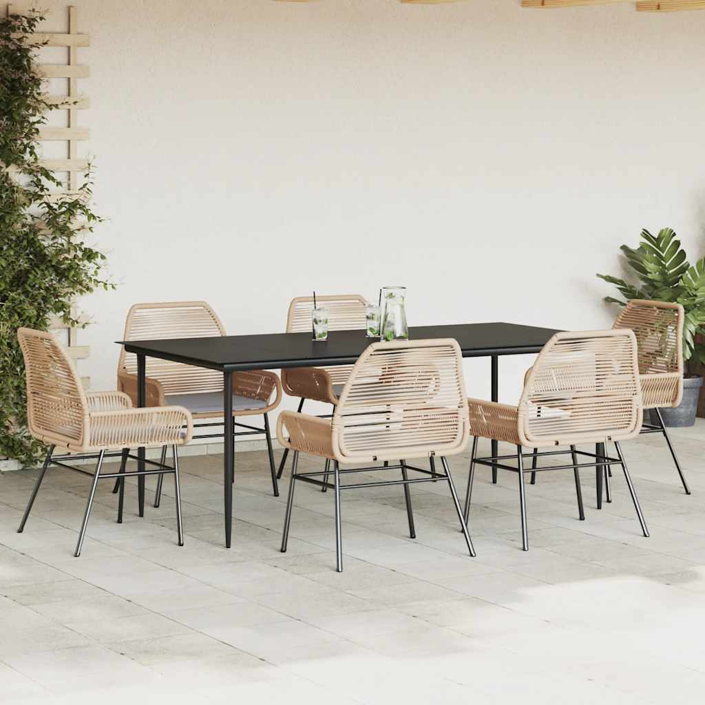 7 Piece Garden Dining Set with Cushions Brown Poly Rattan Glass