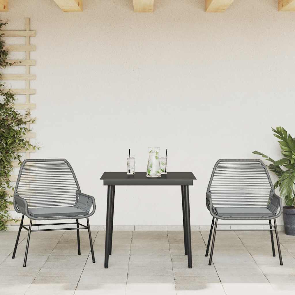 3 Piece Garden Dining Set with Cushions Grey Poly Rattan Glass