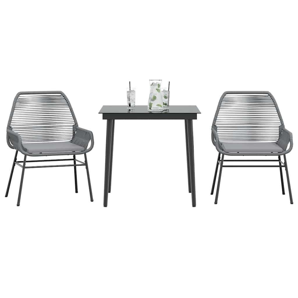 3 Piece Garden Dining Set with Cushions Grey Poly Rattan Glass