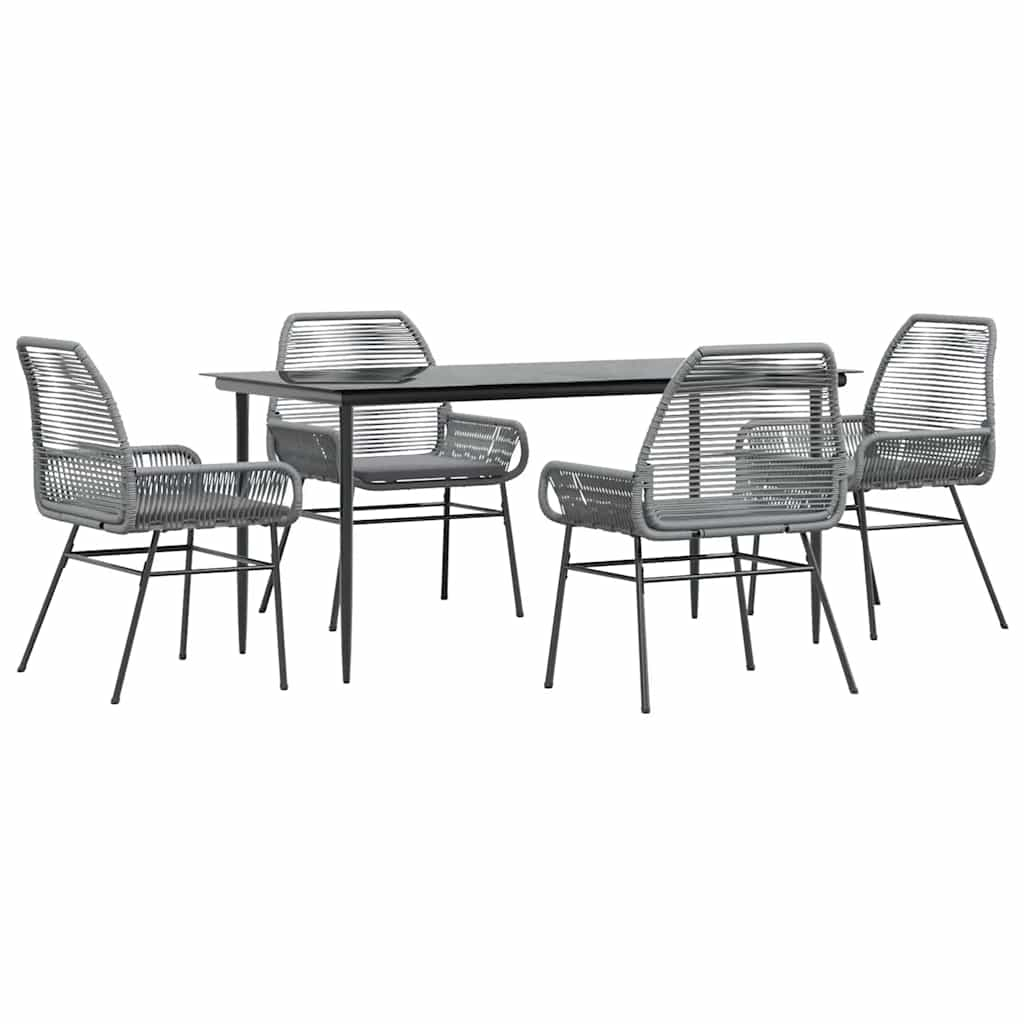 5 Piece Garden Dining Set with Cushions Grey Poly Rattan Glass