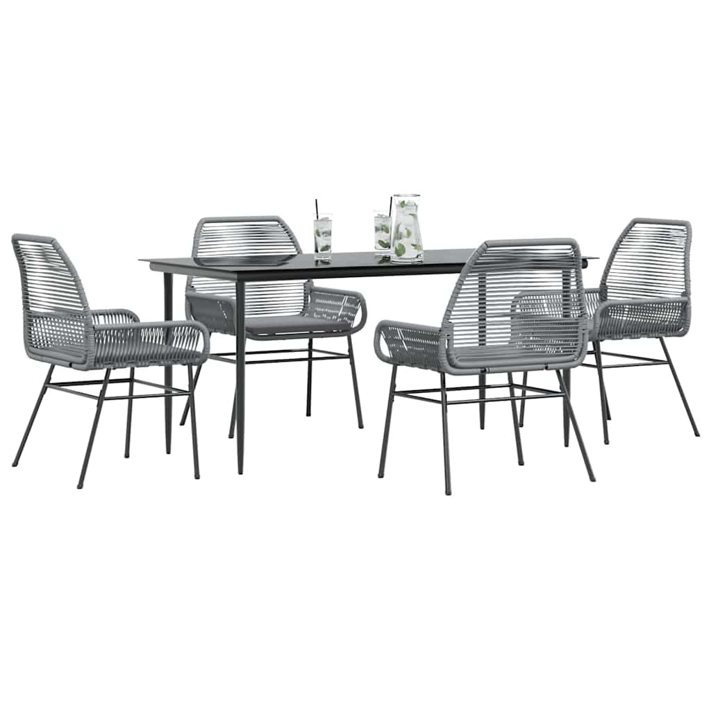 5 Piece Garden Dining Set with Cushions Grey Poly Rattan Glass