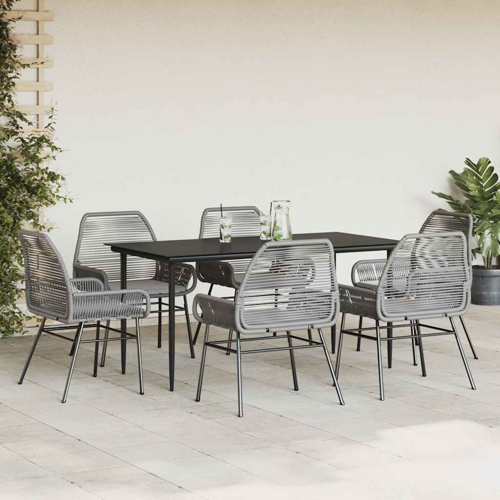 7 Piece Garden Dining Set with Cushions Grey Poly Rattan Glass