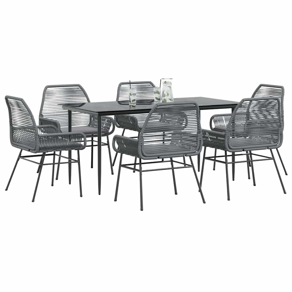 7 Piece Garden Dining Set with Cushions Grey Poly Rattan Glass