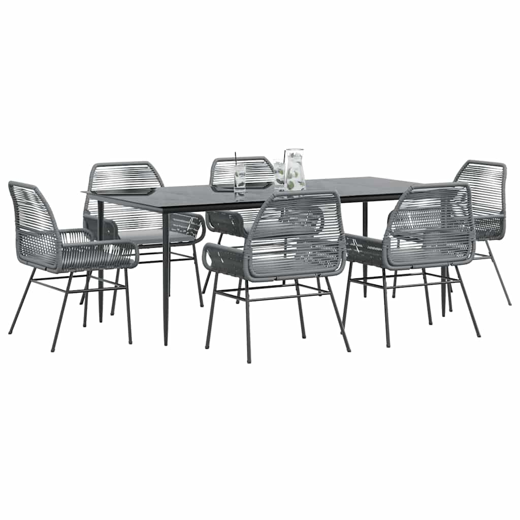 7 Piece Garden Dining Set with Cushions Grey Poly Rattan Glass