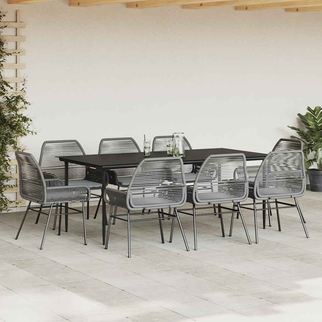 9 Piece Garden Dining Set with Cushions Grey Poly Rattan Glass