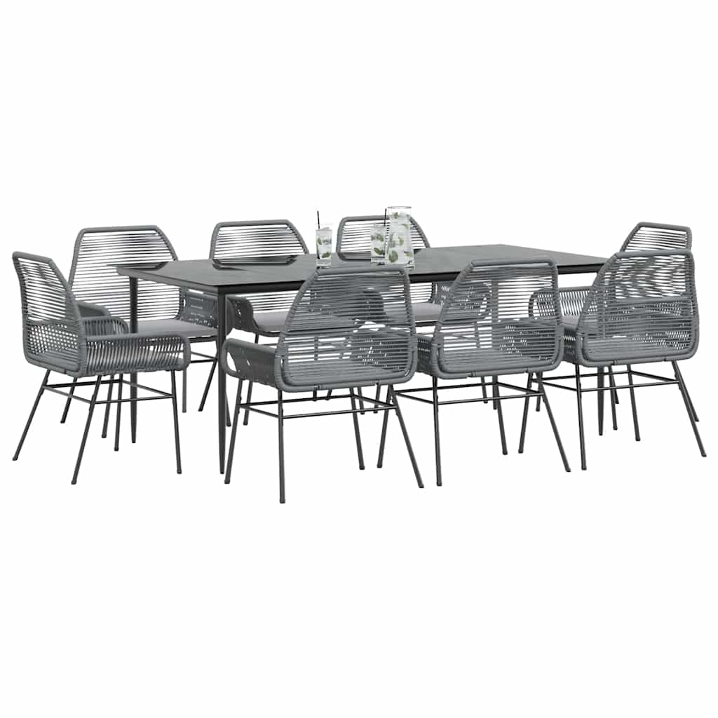 9 Piece Garden Dining Set with Cushions Grey Poly Rattan Glass