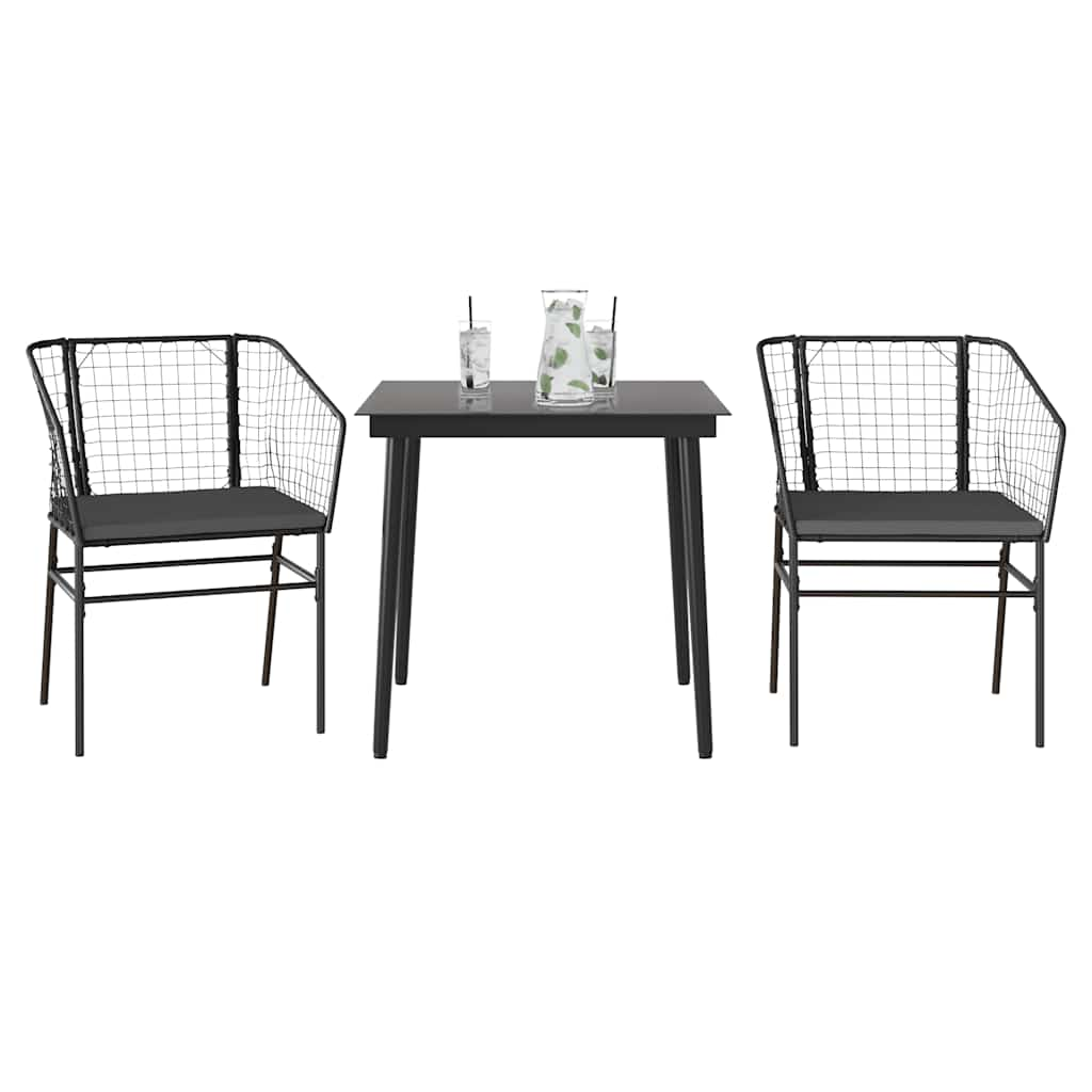 3 Piece Garden Dining Set with Cushions Black Poly Rattan Glass