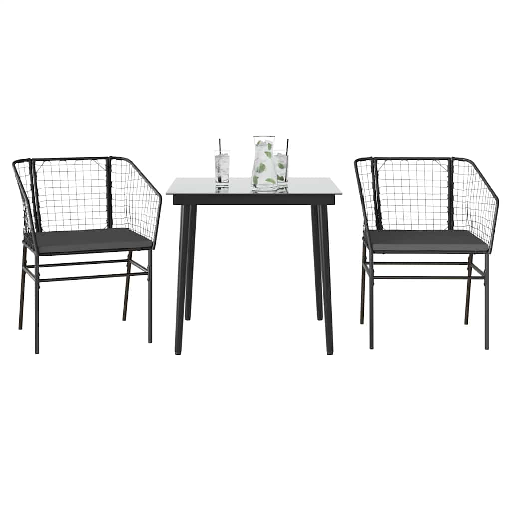 3 Piece Garden Dining Set with Cushions Black Poly Rattan Glass