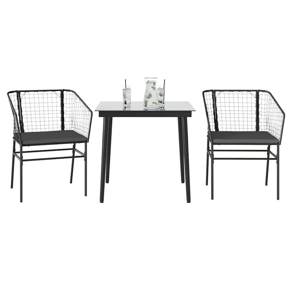 3 Piece Garden Dining Set with Cushions Black Poly Rattan Glass