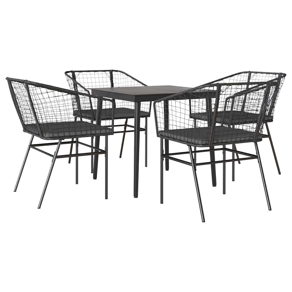 5 Piece Garden Dining Set with Cushions Black Poly Rattan Glass