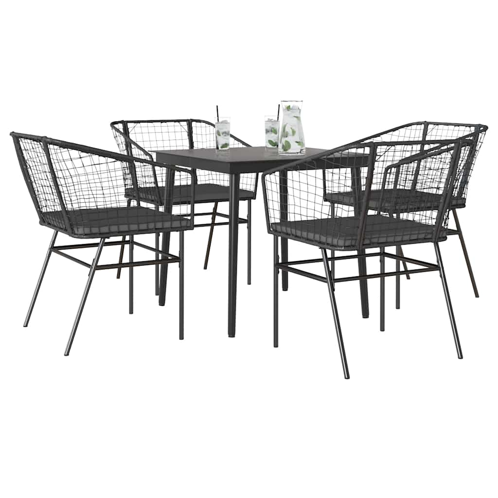 5 Piece Garden Dining Set with Cushions Black Poly Rattan Glass