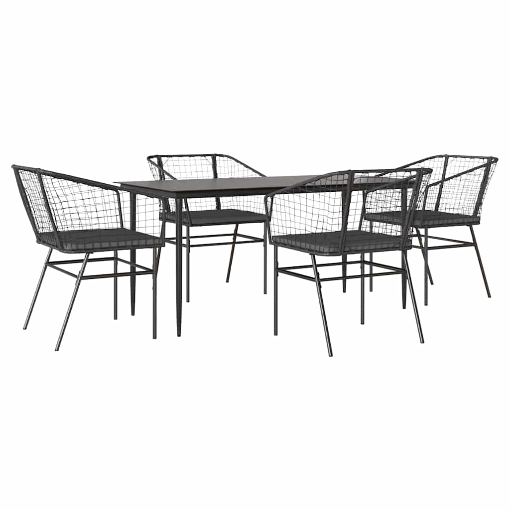 5 Piece Garden Dining Set with Cushions Black Poly Rattan Glass