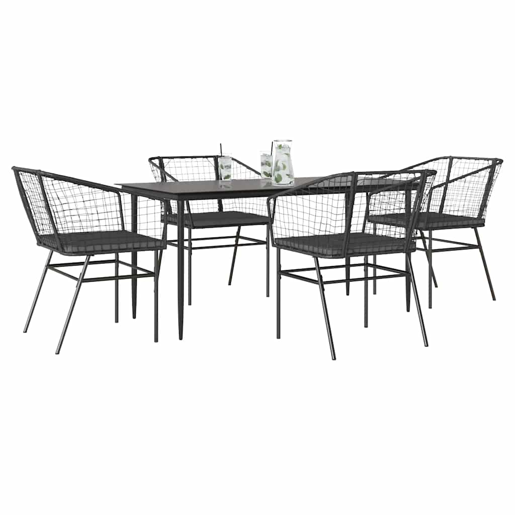 5 Piece Garden Dining Set with Cushions Black Poly Rattan Glass