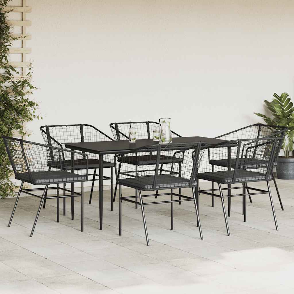 7 Piece Garden Dining Set with Cushions Black Poly Rattan Glass