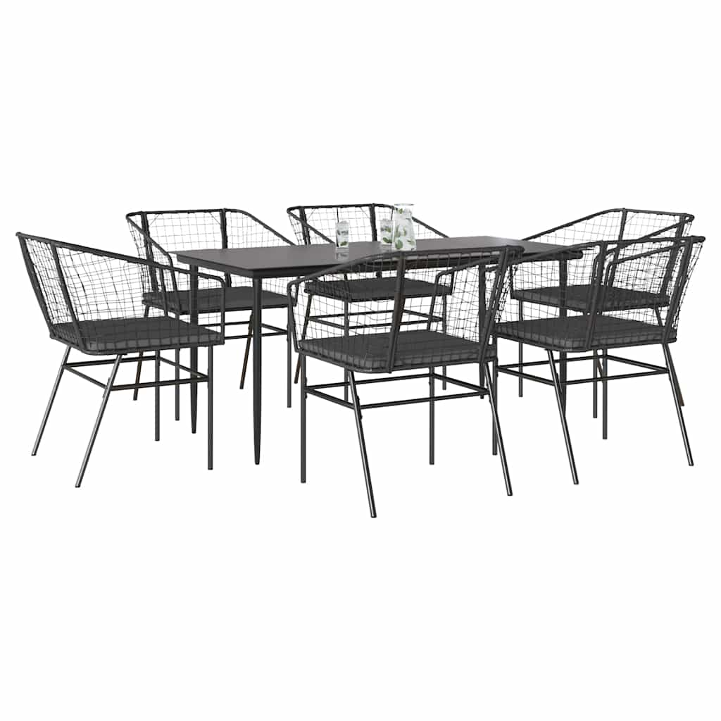 7 Piece Garden Dining Set with Cushions Black Poly Rattan Glass