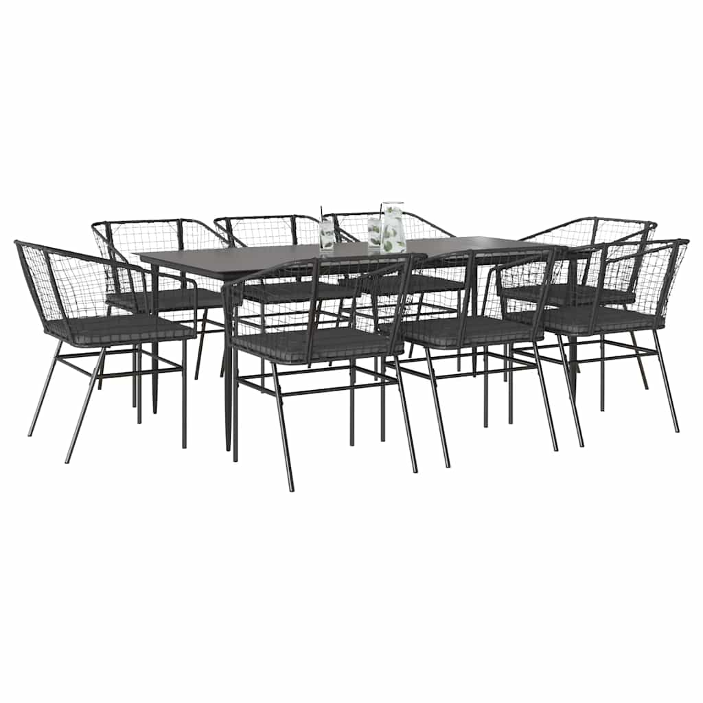 9 Piece Garden Dining Set with Cushions Black Poly Rattan Glass