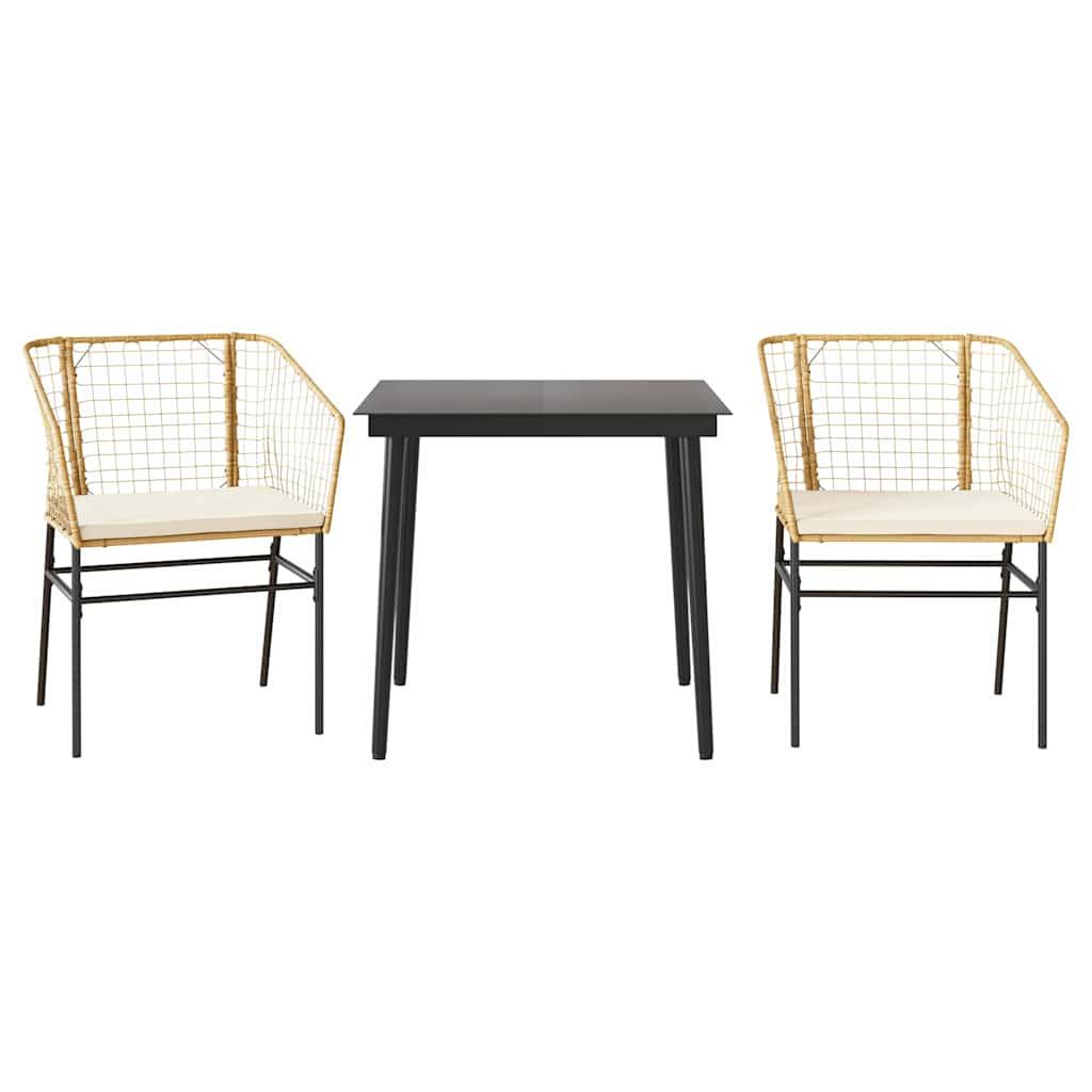 3 Piece Garden Dining Set with Cushions Brown Poly Rattan Glass