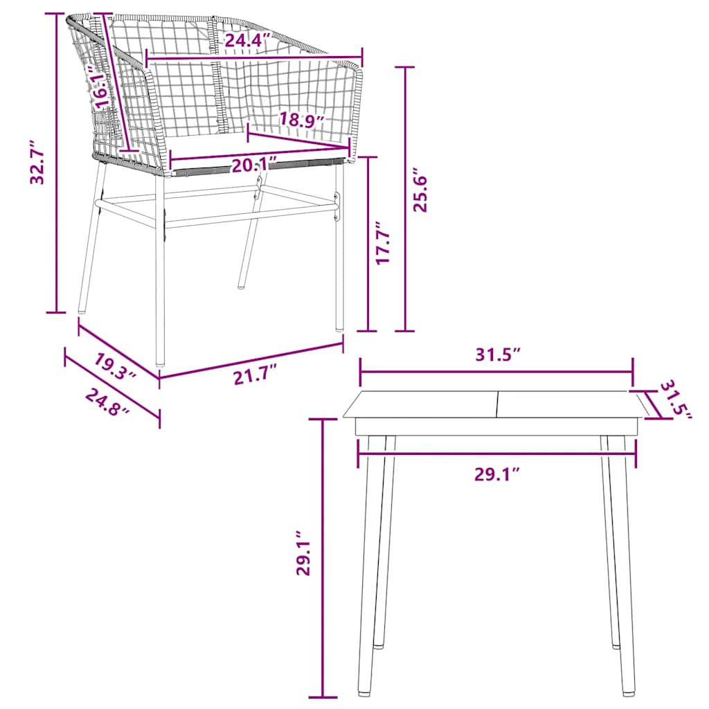 3 Piece Garden Dining Set with Cushions Brown Poly Rattan Glass