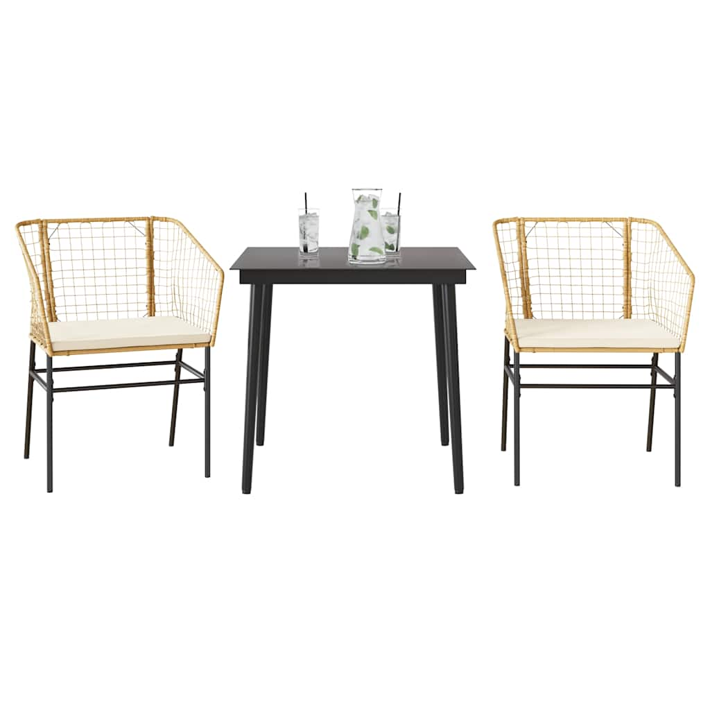 3 Piece Garden Dining Set with Cushions Brown Poly Rattan Glass