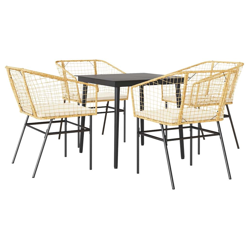 5 Piece Garden Dining Set with Cushions Brown Poly Rattan Glass