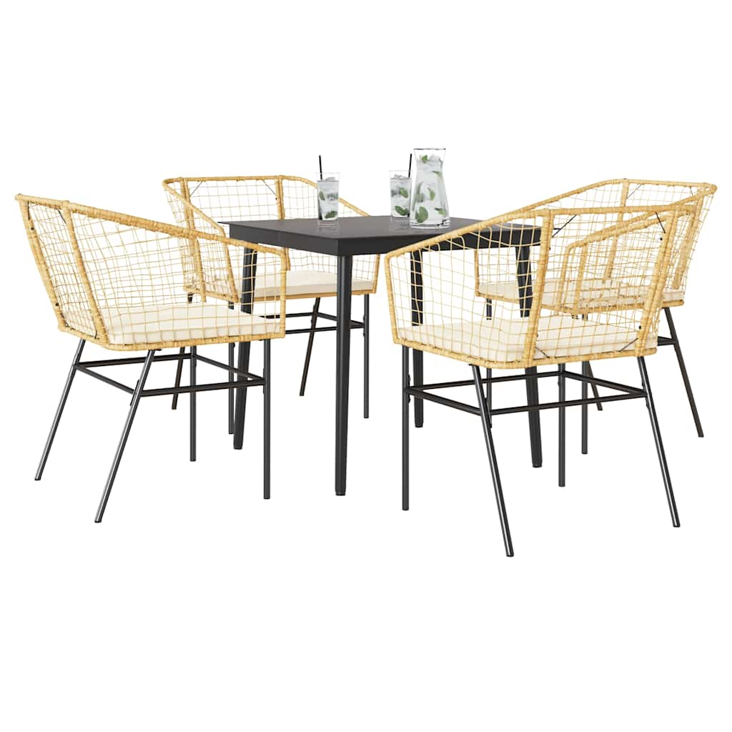 5 Piece Garden Dining Set with Cushions Brown Poly Rattan Glass