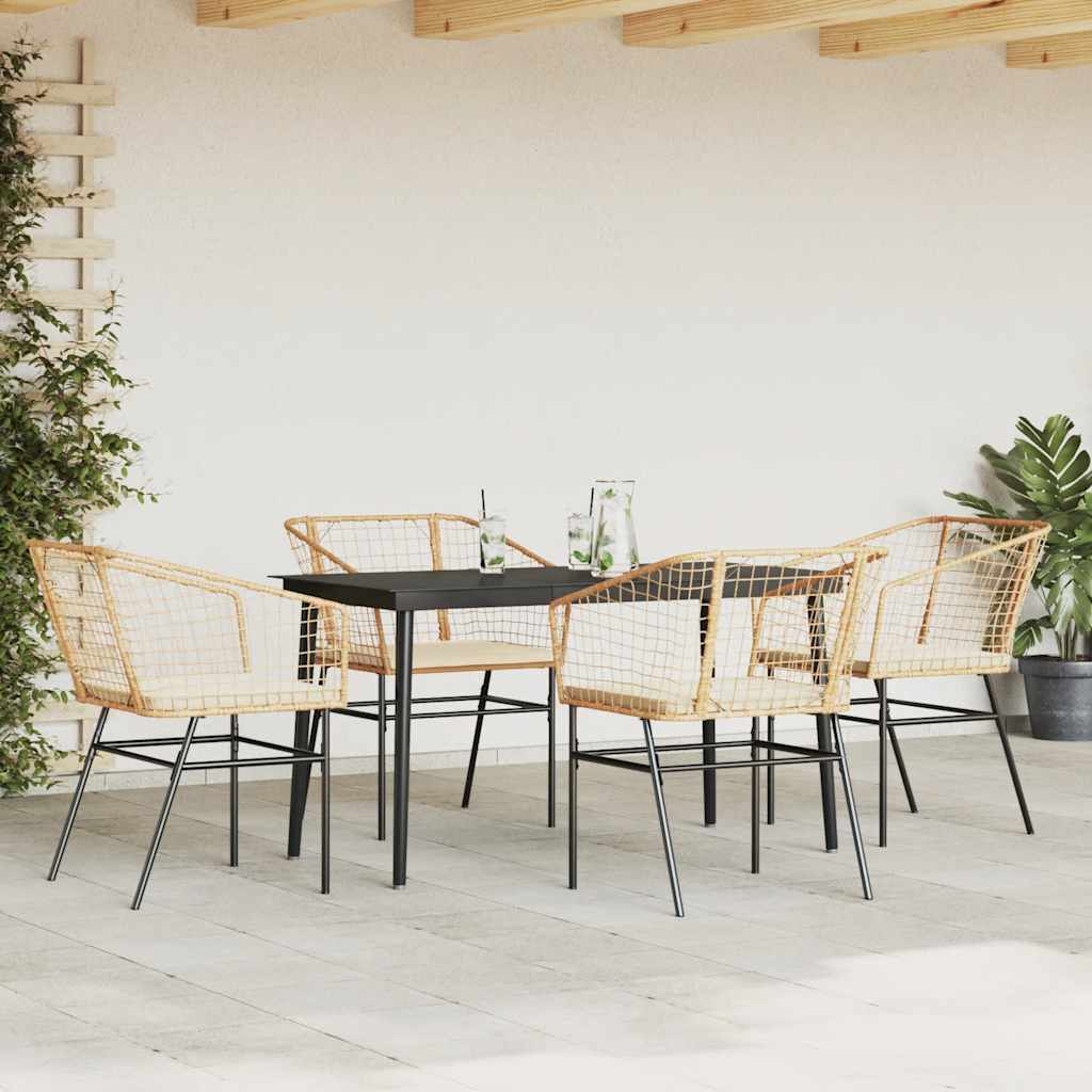 5 Piece Garden Dining Set with Cushions Brown Poly Rattan Glass