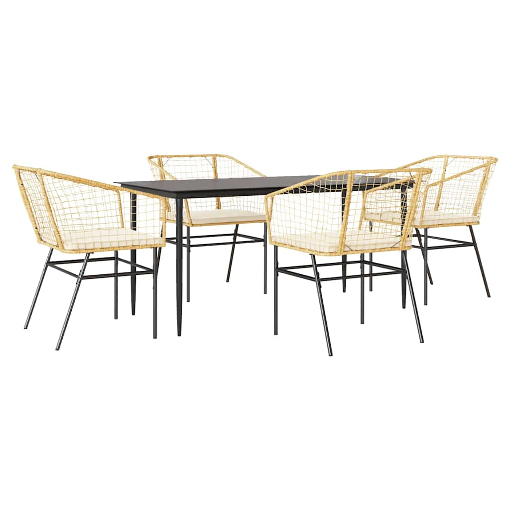 5 Piece Garden Dining Set with Cushions Brown Poly Rattan Glass