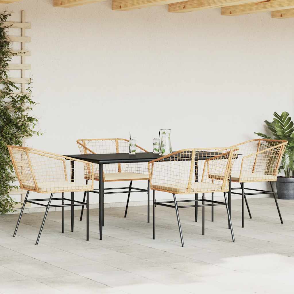 5 Piece Garden Dining Set with Cushions Brown Poly Rattan Glass