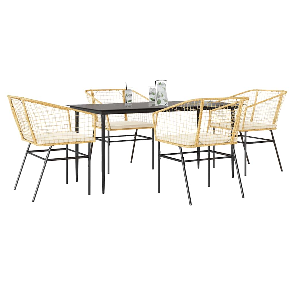 5 Piece Garden Dining Set with Cushions Brown Poly Rattan Glass