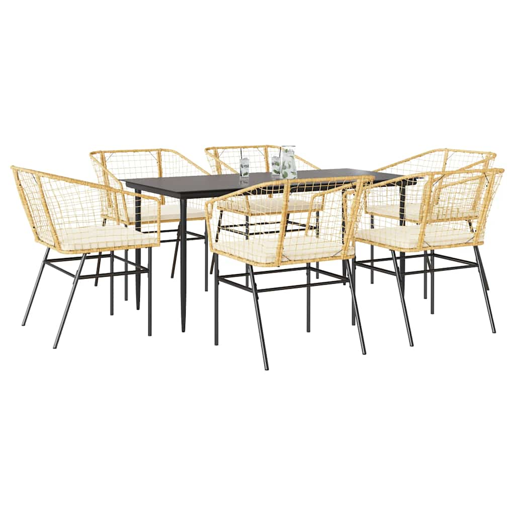 7 Piece Garden Dining Set with Cushions Brown Poly Rattan Glass