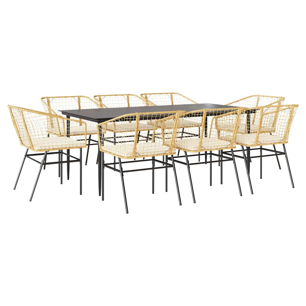 9 Piece Garden Dining Set with Cushions Brown Poly Rattan Glass