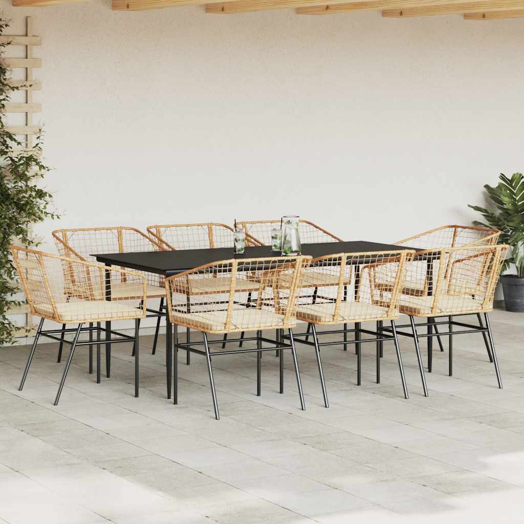 9 Piece Garden Dining Set with Cushions Brown Poly Rattan Glass