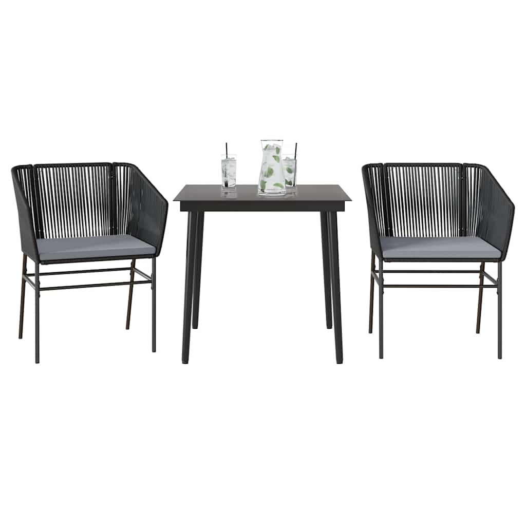 3 Piece Garden Dining Set with Cushions Black Poly Rattan Glass