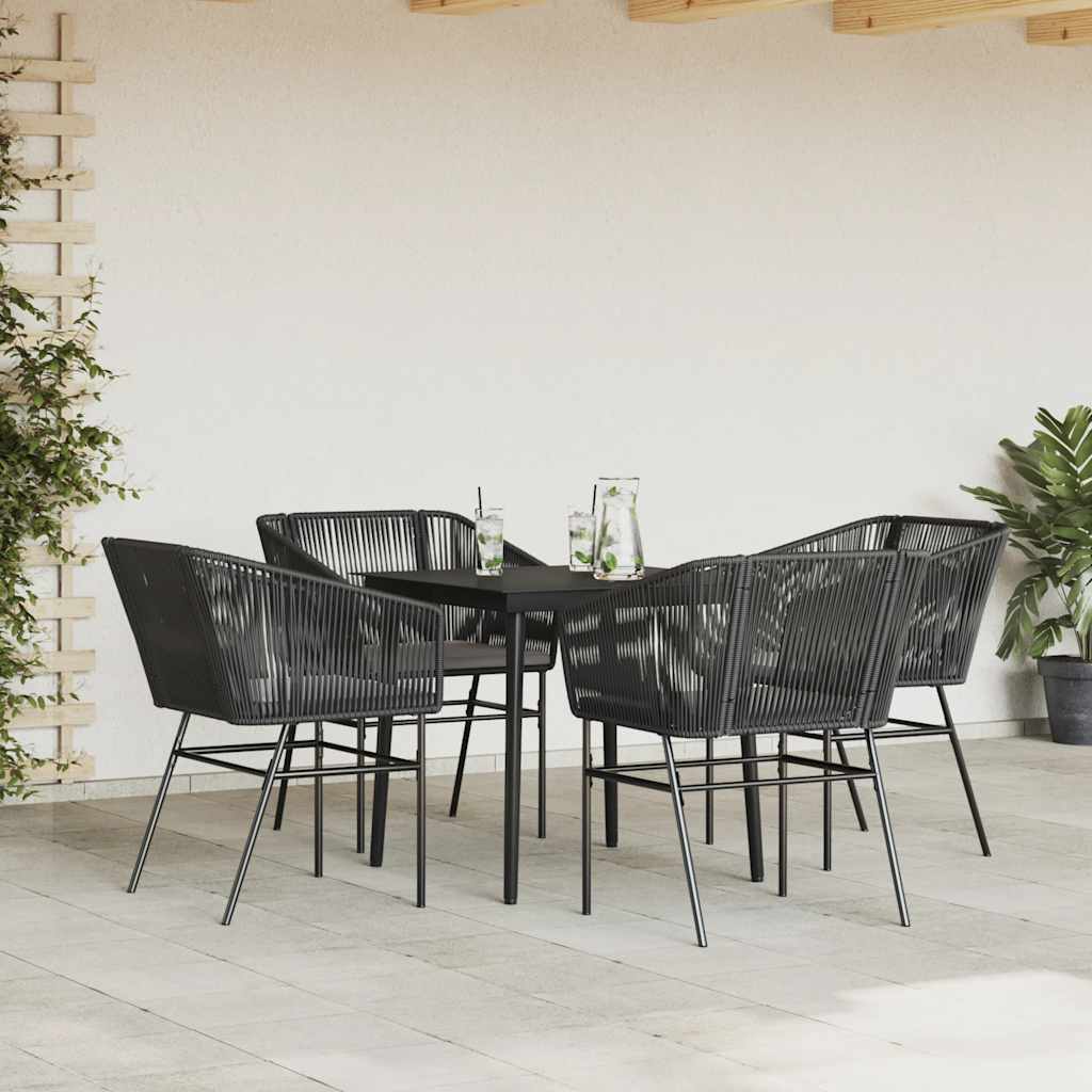 5 Piece Garden Dining Set with Cushions Black Poly Rattan Glass